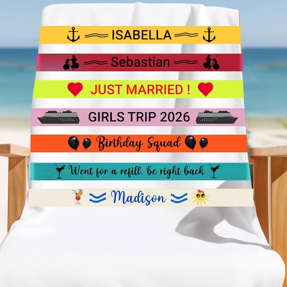 Custom Towel Band for Cruise Chairs, Personalized Towel Holder, Cruise Ship Essentials, Stretchable  Elastic Strap, Chair Saver, Chair Band