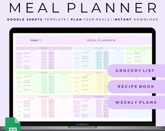Weekly Meal Planner and Grocery List - Meal Planner Spreadsheet Google Sheets - Recipe Planner - Digital Meal