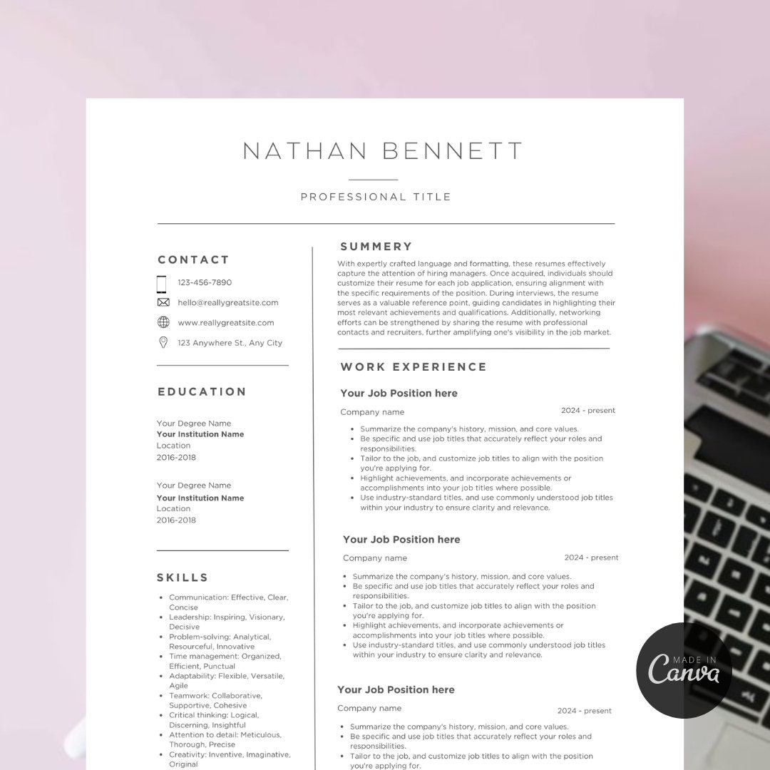 Canva Resume Template Modern Professional - Etsy