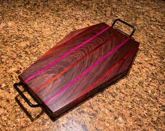 Handmade Coffin Charcuterie Board: Walnut, Padauk, and Purpleheart / 18" x 12"