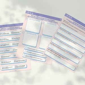May include: Three pink and blue printable worksheets with the title "Dear Nan Communicate Your Needs With Confidence" and "Use Dear Nan To Plan Your Needs". The worksheets are designed to help people communicate their needs in a clear and concise way.