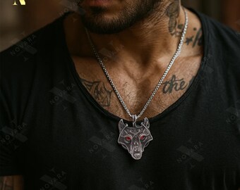 Antique Wolf Head Pendant Necklace, Handcrafted Necklace Fantasy, Nordic Wolf Jewelry for Men & Women, Viking Style Wolf Amulet color Eyes.
