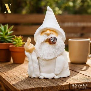 May include: A white garden gnome statue with a long white beard and hat, holding up a finger. The gnome has a cigar in its mouth. The statue is on a wooden surface. The text "NOVARA HOME STUDIO" is at the bottom.