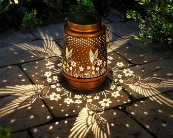 Linterna solar de colibrí, lámpara solar colgante para exteriores, luz de jardín recortada en hierro, decoración LED impermeable para patio y césped, decoración de jardín.