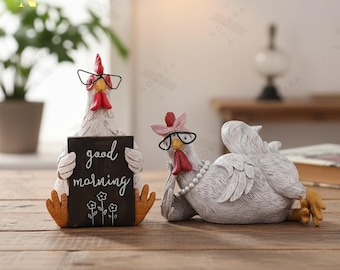 Figuras divertidas de pollo con gafas, decoración de granja de buenos días, lindas estatuas de gallo y gallina, decoración de estantes de cocina, regalo de casa de campo.