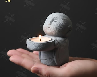 Zen Monk Candle Holder, Artificial Stone Buddhist Figurine, Buddha Tealight Holder, Spiritual Gift, Japanese Zen Statue, Meditation Decor.