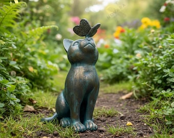 Cat and Butterfly Statue, Elegant Cat Decor, Resin Cat Decor for Garden, Antique Bronze Finish, Rustic Whimsical Decor for Cat Lovers,