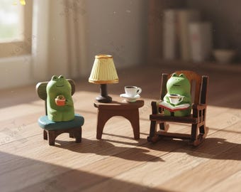 Mini Frog Desk Decor Set, Cute  Figurine, Miniature Room Decor, Cozy Desk Ornament, Lover Gift.