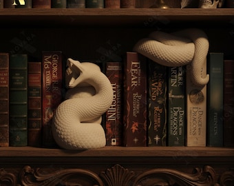 Rincón de libros de serpiente y dragón, inserto de rincón de libros de fantasía con esculturas de dragón y serpiente, decoración de estantería mítica, decoración de biblioteca gótica.