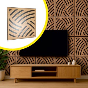 May include: A square wooden wall panel with a black frame and a geometric design of curved, black lines. The panel is displayed on a wall with similar panels, above a wooden media console and a black television.