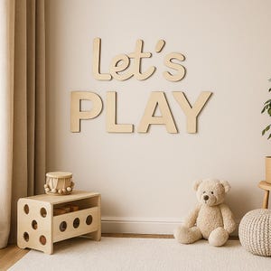 Let&#39;s Play Wooden Wall Sign – Birch Plywood Decor for Kids Room or Playroom – 3 Sizes