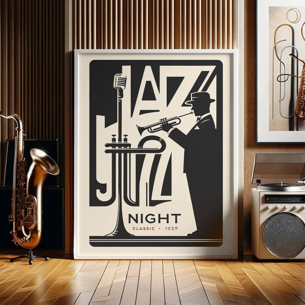 Soirée jazz des années folles - Affiche classique de trompettiste de 1929, décoration jazz vintage, affiche vintage, esthétique jazz, impression numérique