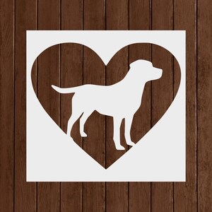 May include: A white silhouette of a dog inside a heart shape. The dog is standing, facing right, with its tail slightly raised. The heart and dog are set against a dark brown, wood-grain background.