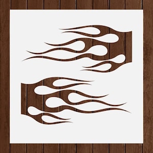 May include: Two white flame stencils on a wooden background. Each stencil features a stylized flame design with curved lines and rounded shapes. The stencils are ideal for DIY projects, automotive art, or adding a fiery touch to crafts.