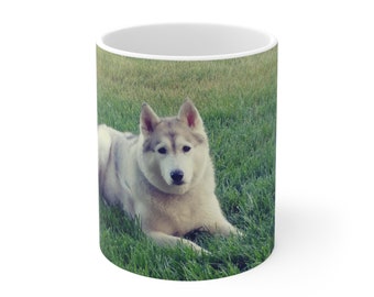 Siberian Serenity: Husky Beauty Captured in a Meadow Ceramic Mug 11oz