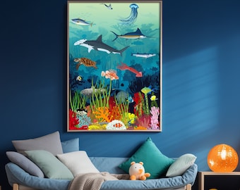 Vector illustration - underwater coral reef with animals