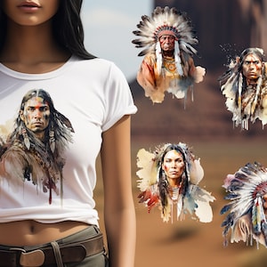 May include: Five watercolour illustrations of Native American people wearing traditional headdresses. The illustrations are set against a blurred background of a desert landscape.