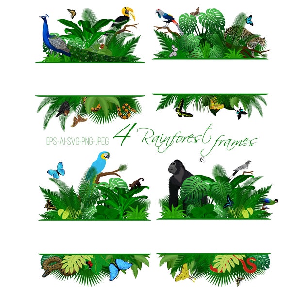 4 Jungle Rainforest Wildlife Rahmen mit Tieren (Eps+AI+Svg+Png+Jpeg). Tropische Tiere Illustrationen.