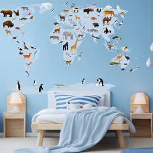 Mapa vectorial del mundo con animales. Europa, Asia, América del Sur, América del Norte, Australia, África, Antártida