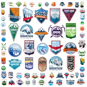 May include: A selection of mountain-themed vector emblems and badges in various shapes. Designs include mountain peaks, trees, and text such as "Everest" and "Mountains are Calling." Colours include blue, green, orange, and red.