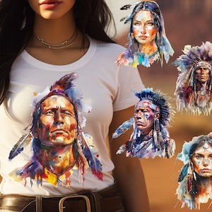 Op de afbeelding: Een wit T-shirt met een aquarel schilderij van een Indiaans mannengezicht. De schildering is in tinten blauw, rood, geel en groen. Er zijn vier andere aquarel schilderingen van Indiaanse gezichten rond het T-shirt.