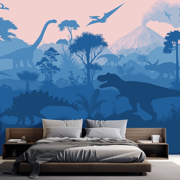 Vector prehistoric jungle background with dinosaurs. Wall mural with stegosaurus, tyrannosaurus and others (Eps, Ai, Svg, Jpeg)