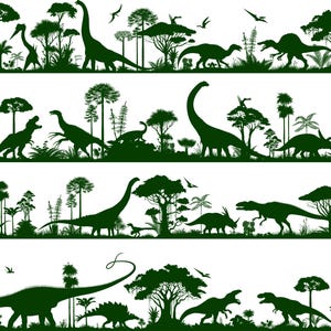 Uppsättning av 4 vektor sömlösa förhistoriska bakgrundsmålningar med dinosaurier: T-rex, utahraptor, triceratops, stegosaurus (Eps, Ai, Svg, Jpeg, Png)
