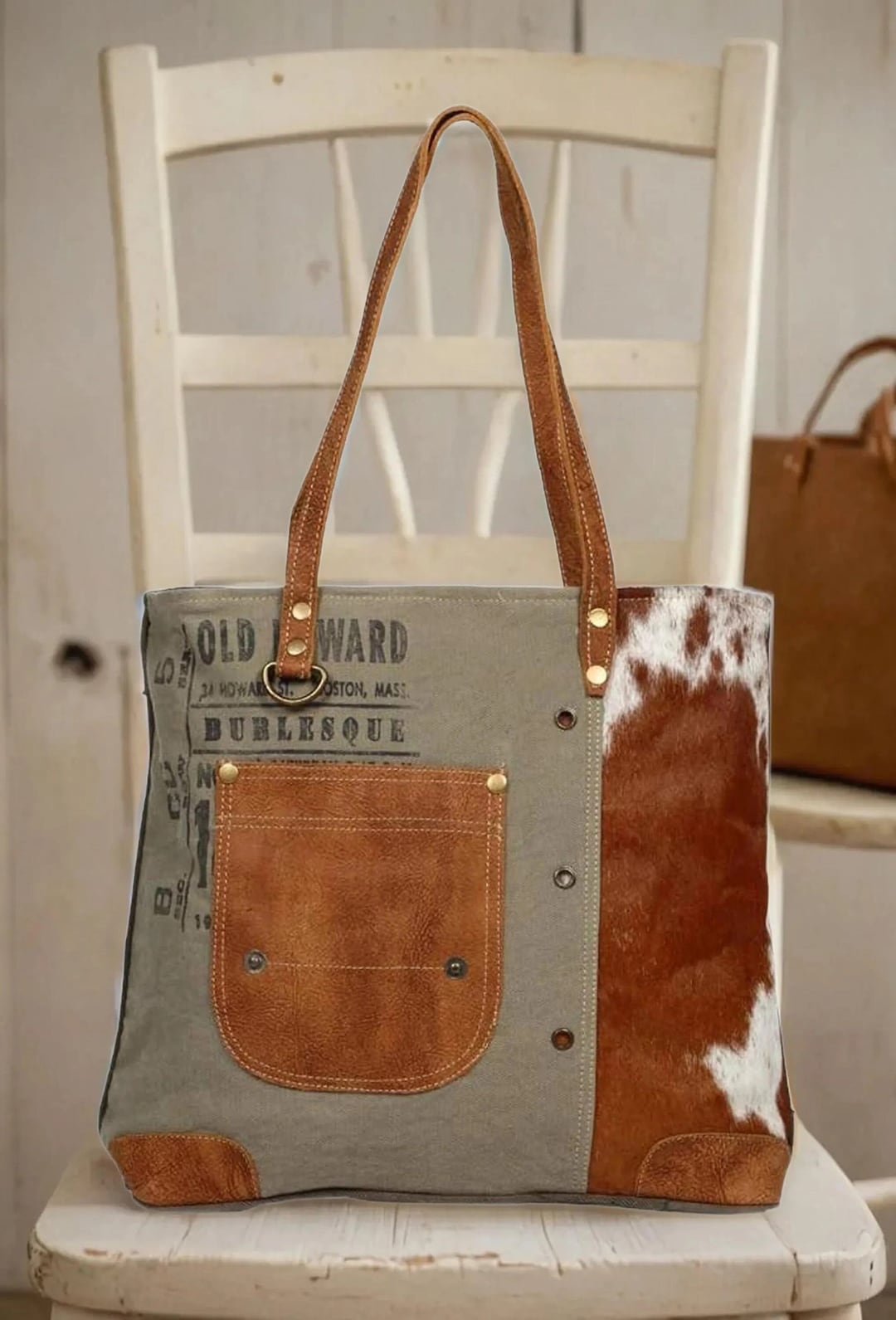 USA Stamp Upcycled Canvas & Hair-On Leather Tote Bag - Western Style, 17" X 16", Fold Over Buckle Closure - View #13