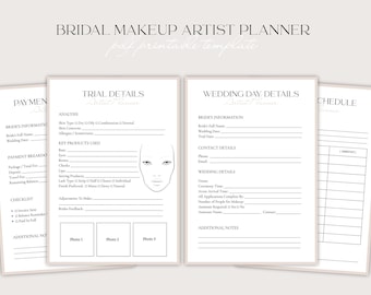 Bridal Makeup Artist Planner: Client Forms, Face Chart, Wedding Schedule (PDF Printable A4 Template)