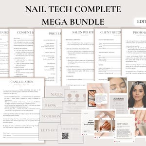 Könnte beinhalten: Ein Bundle aus druckbaren Nagelstudio-Formularen und Social-Media-Vorlagen. Das Bild zeigt Formulare für Beratung, Einverständnis, Salonrichtlinien und Kundenakten. Social-Media-Vorlagen sind ebenfalls enthalten, mit Text wie "NAILS", "THANK" und "YOUR BRAND".
