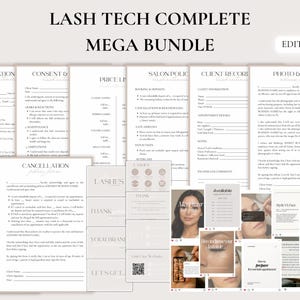May include: A bundle of printable lash tech forms and social media templates. The forms include consultation, consent, salon policy, client record, and photo & video release. The templates include lash care tips and appointment information. The text "LASH TECH COMPLETE MEGA BUNDLE" is visible.