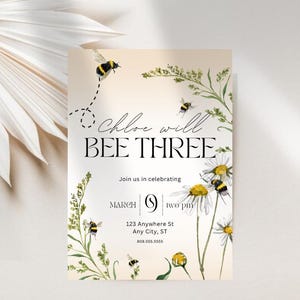 Bee Three Birthday Invitation | Bumblebee Birthday Party Invite | 1st 2nd 3rd Birthday Invitation | Cute Spring Birthday | Digital Printable