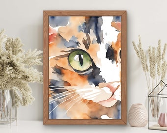 Calico Cat Watercolor Wall Art Print, Cat Digital Wall Art Home Decor Downloadable Print, Cat Lover Gift Cat Digital Watercolor Painting