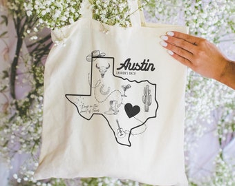 Austin Bachelorette Custom Tote Bag, Personalized Bachelorette Party Favor, Custom Wedding Guest Favor, Austin Bridesmaids Tote