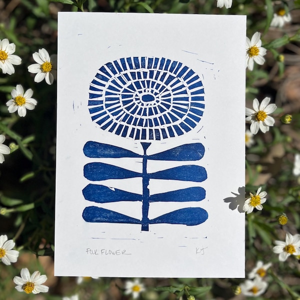 Original Folk Flower Linocut Print | Unique Wall Art | Retro Decor | Spring Art | 70s Floral Design, 5x7