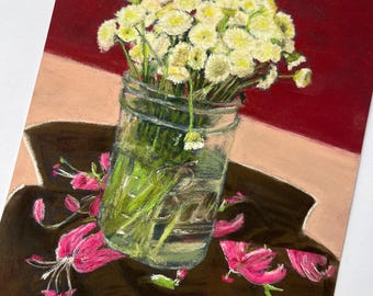 Original Pastel Painting 8x10, Floral Still Life Artwork, Country Cottage Decor,  Cotttagecore Farmhouse Wall Art, Gift for Mom