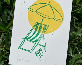 Original Linocut Print, Retro Summer Art, Minimal Summer Decor, Beach House Art, 5x7 Gallery Wall