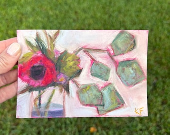 May include: A rectangular painting on paper featuring a vibrant red flower in a glass vase alongside a leafy green branch. The artwork uses expressive strokes with a light pink background and includes the initials KF in the bottom corner.