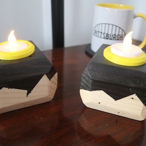 Wooden Tealight holder sets - set of two wooden tealight holders with color plastic accent