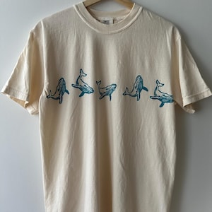 Swimming Whales Block Print Graphic TShirt - Original Linocut Design Tee
