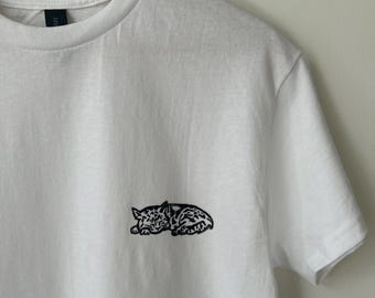 Sleeping Cat Block Print Graphic TShirt - Original Linocut Design Tee - Gift For Cat Lover