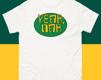 Sí, no, frase australiana verde y amarilla, diseño bogan