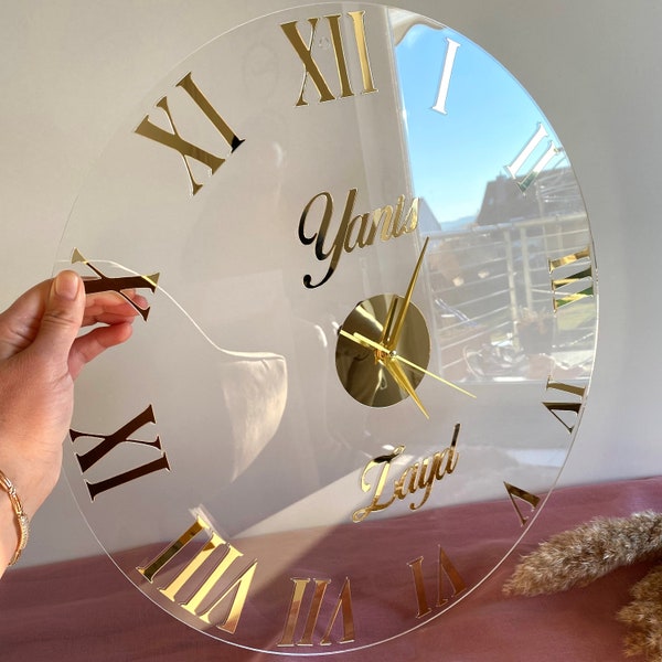 Horloge murale personnalisée | Horloge murale transparente | Décoration | Décoration murale | Horloge avec nom | Cadeau de mariage | Horloge moderne | Cadeau de fiançailles