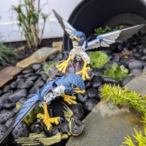 May include: Two blue and white toy falcons with yellow talons are perched on rocks. One falcon is attacking a smaller yellow and black toy falcon.