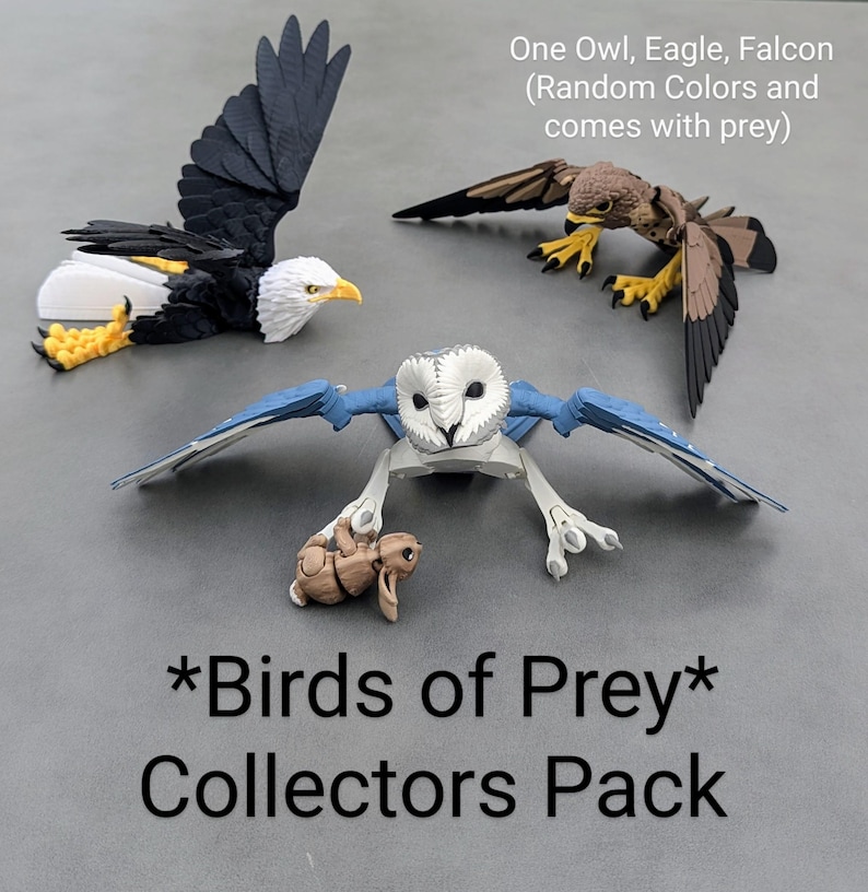May include: A set of three 3D printed bird figurines, including an owl, eagle, and falcon. The birds are painted in various colours and come with a small prey animal. The set is labelled "*Birds of Prey* Collectors Pack".