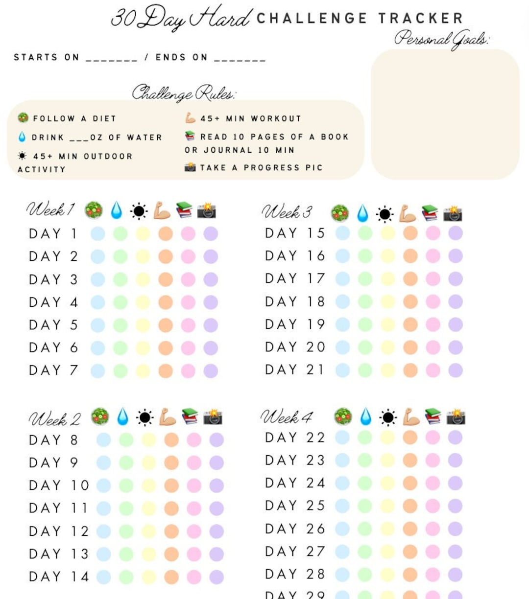 30 Day Hard Challenge Tracker Printable - Etsy UK