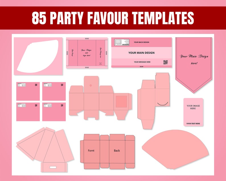 85 Party favor Templates, Party favors, Template Bundle, Chocolate Wrapper Template, Water Bottle Template, Chip Bags Templates, Cake Box