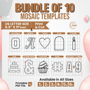 Bundle 10 Mosaic Letters & Numbers templates,0-9 Mosaic numbers, Heart, Arch, #, Square Mosaic Templates, ,Party favor template, Mosaics