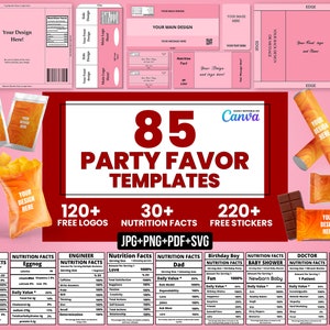 85 Party favor Templates, Party favors, Template Bundle, Chocolate Wrapper Template, Water Bottle Template, Chip Bags Templates, Cake Box image 1