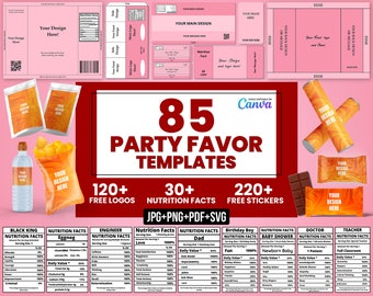 85 Party favor Templates, Party favors, Template Bundle, Chocolate Wrapper Template, Water Bottle Template, Chip Bags Templates, Cake Box